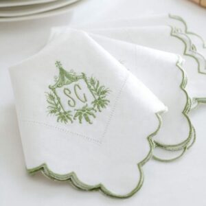 Embroidered Monogrammed Hemstitch Linen Napkin Scallop Edge Border