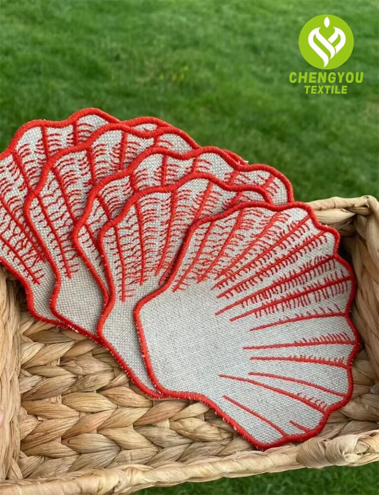 Embroidered Luxury Scallop Edge Linen Napkin White Red Linen Sea Shell Edge Cocktail Napkin