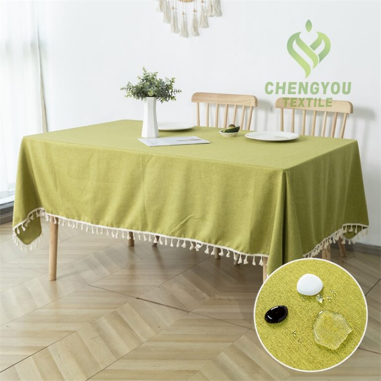 Faux Linen Effect Wrinkle Free Waterproof Rectangular Tassel Rectangle Linen Like Tablecloth for Dining Table