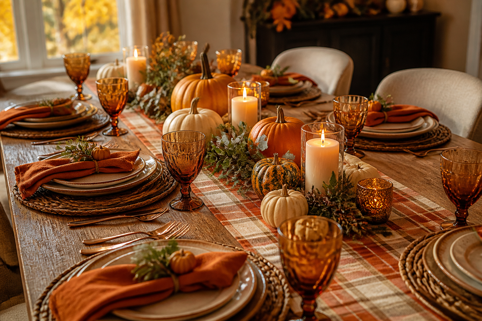 Autumn table styled with a plaid table runner, pumpkins and candles
