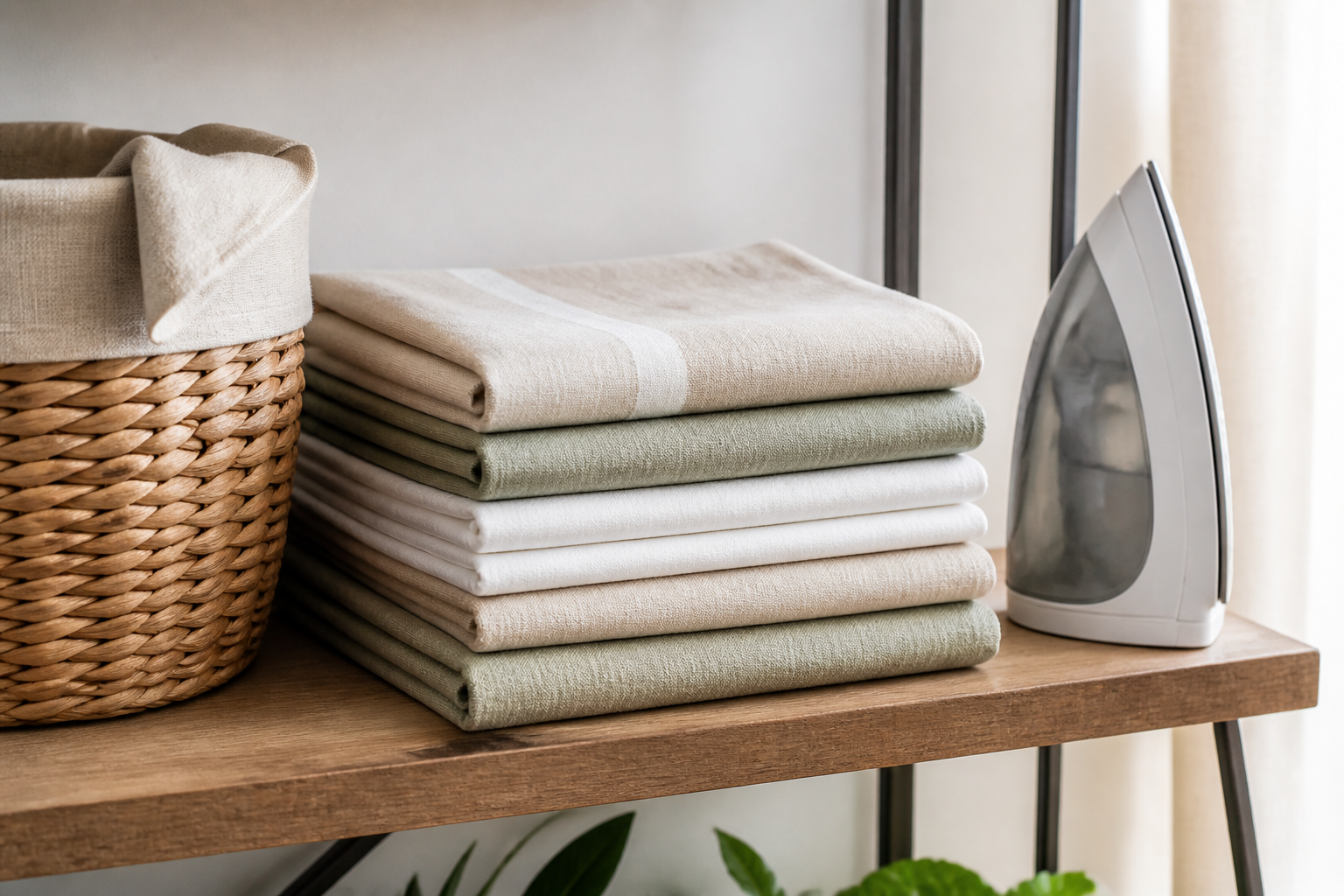 Neatly folded stack of cotton and linen table runners with a basket and iron