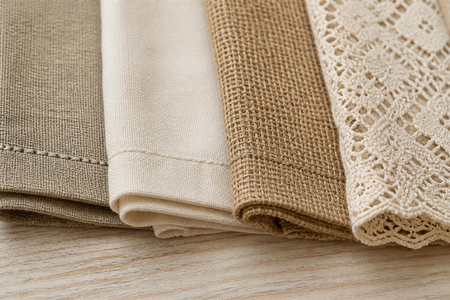 Table runner fabric swatches: linen, cotton, jute and lace