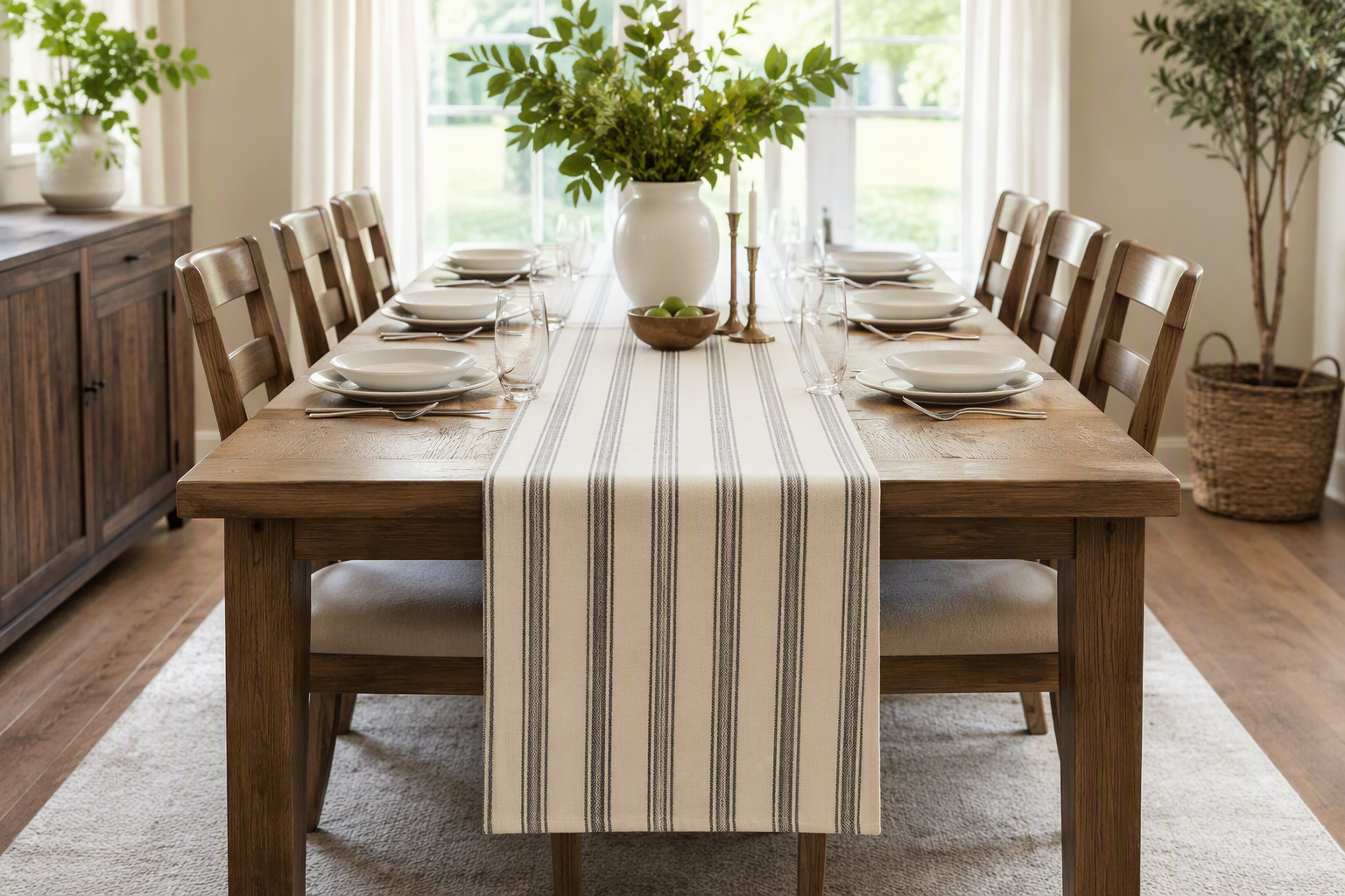 Long striped cotton table runner centered on a dining table set for eight