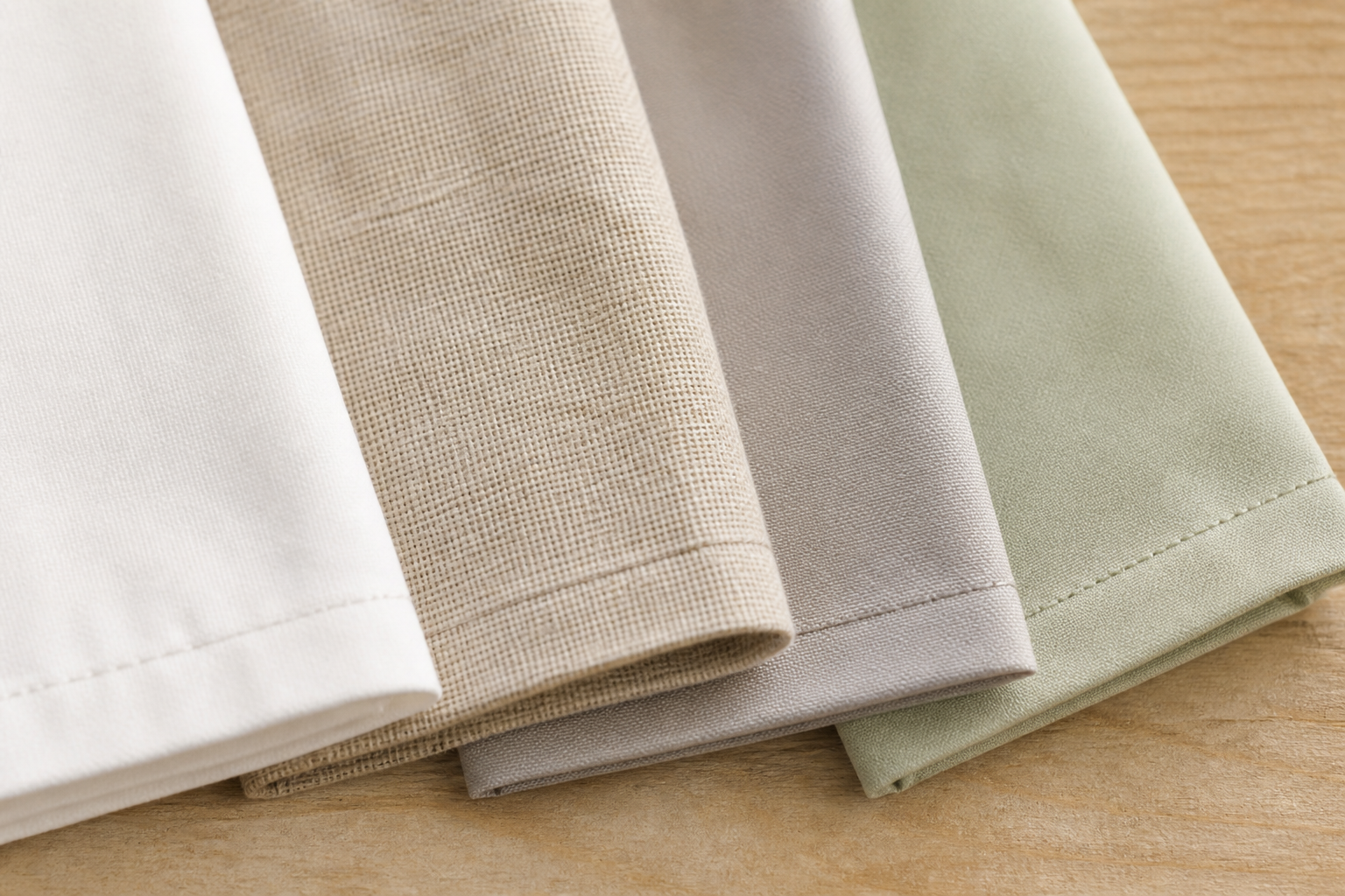 Cloth napkin fabric swatches: cotton, linen, polyester and bamboo viscose
