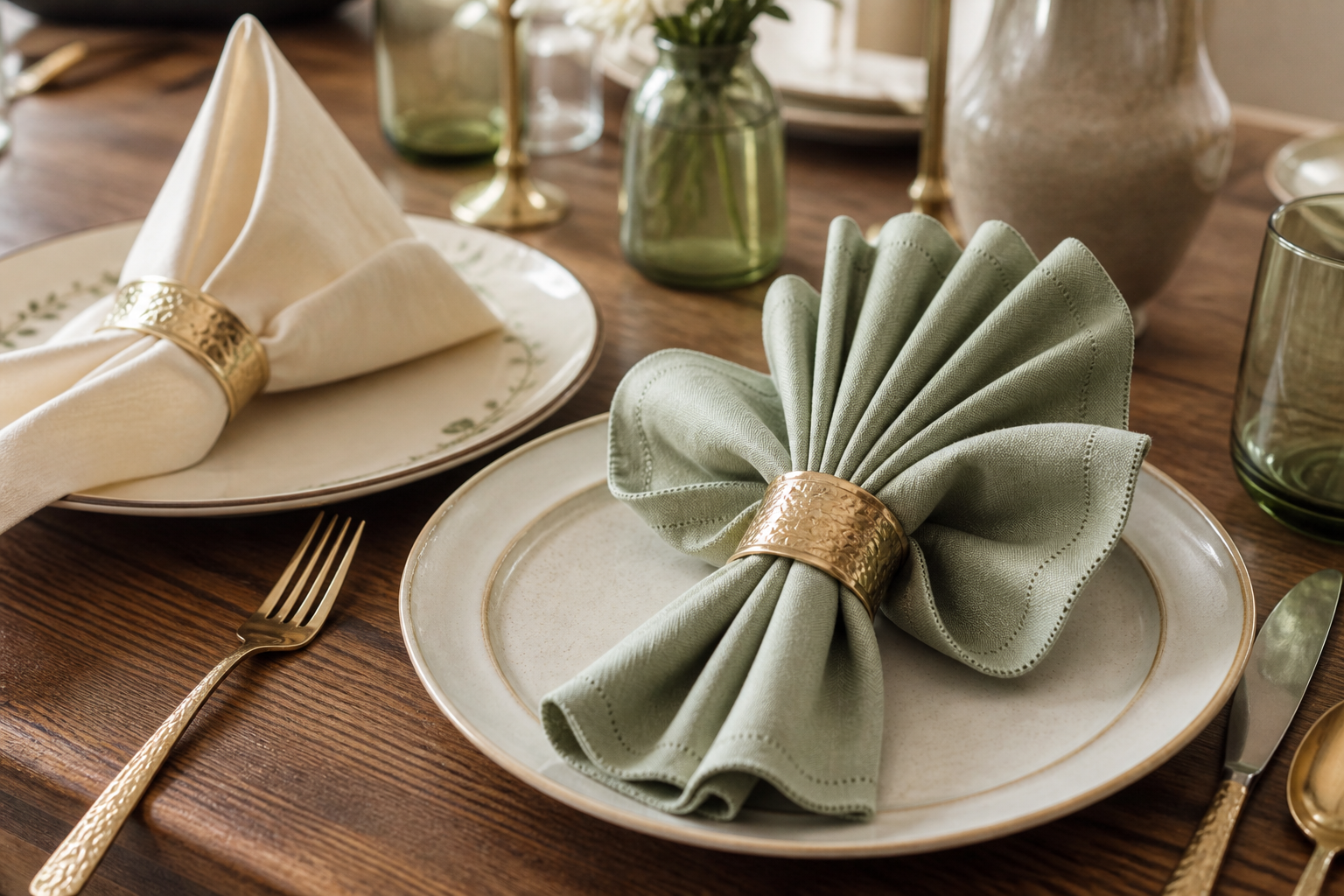 Folded cloth napkins in napkin rings, pyramid and fan fold styles