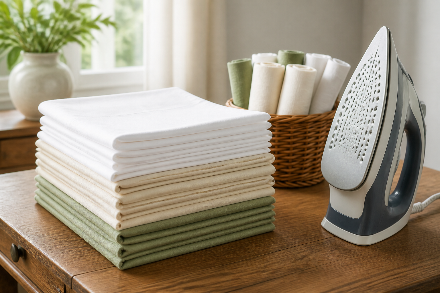 Stack of freshly ironed cloth napkins with a steam iron and wicker basket
