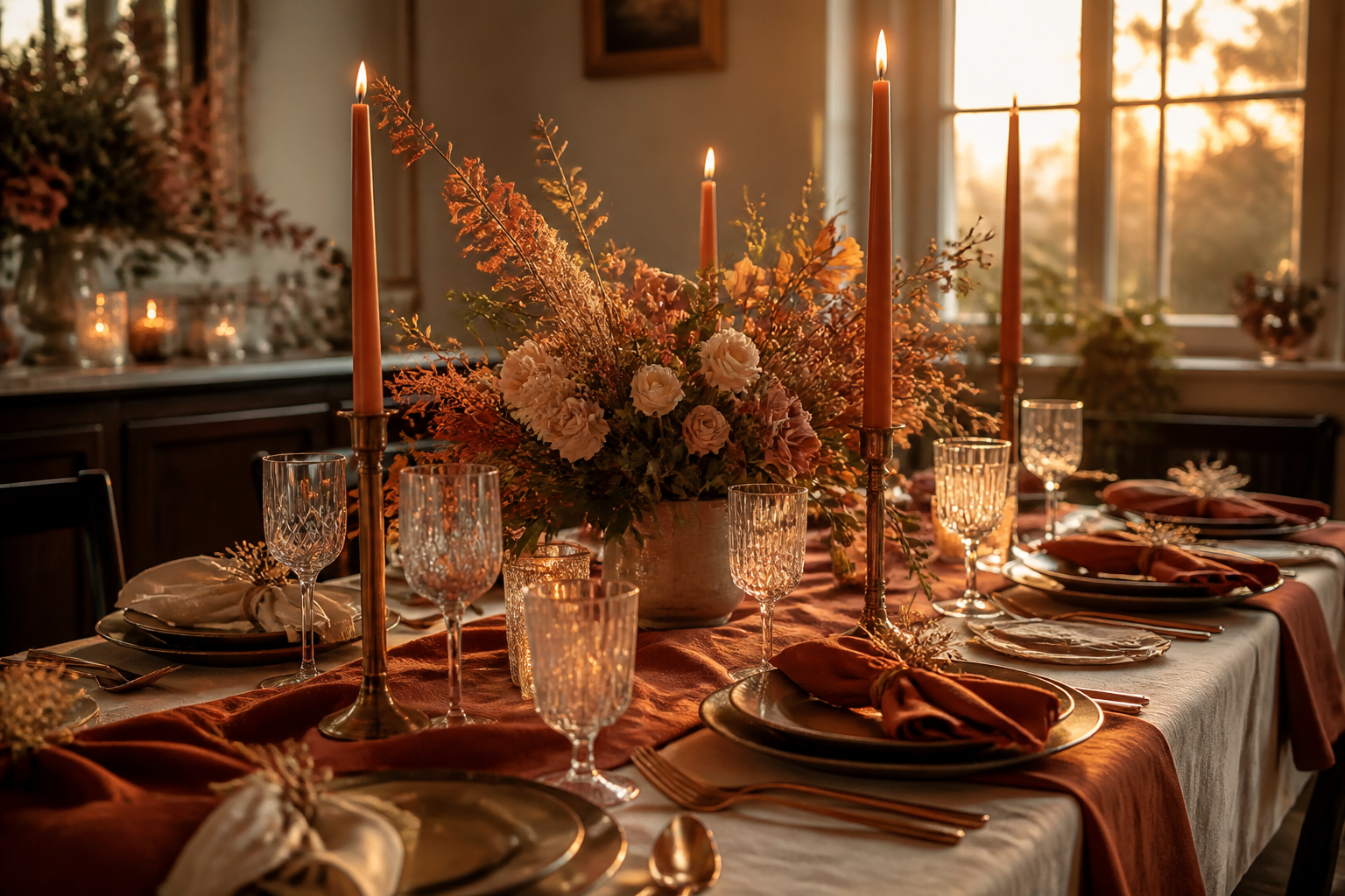 Festive dinner table with terracotta and cream cloth napkins, candles and floral centerpiece