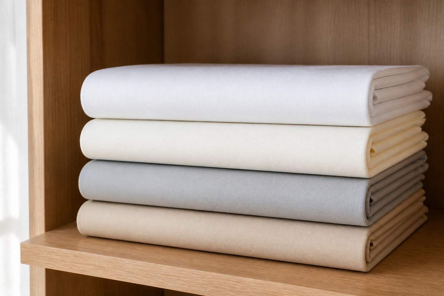 Folded stack of plain weave nylon tablecloths in white, ivory, grey and beige