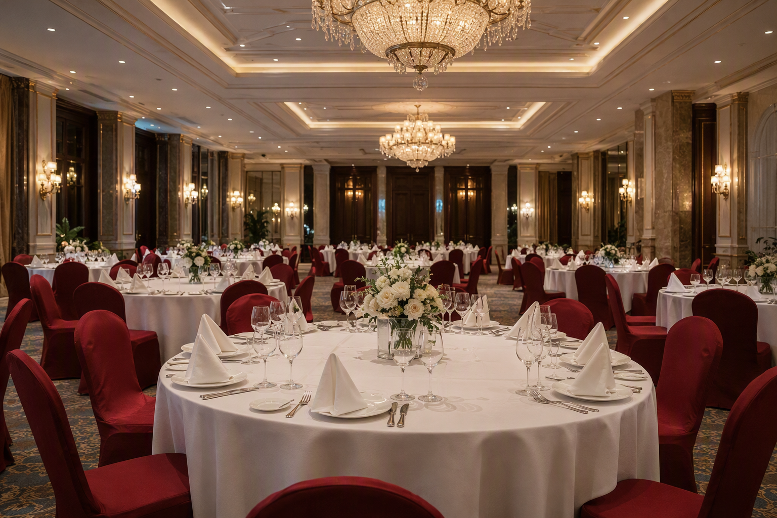 Banquet hall with round tables covered in white plain weave nylon tablecloths