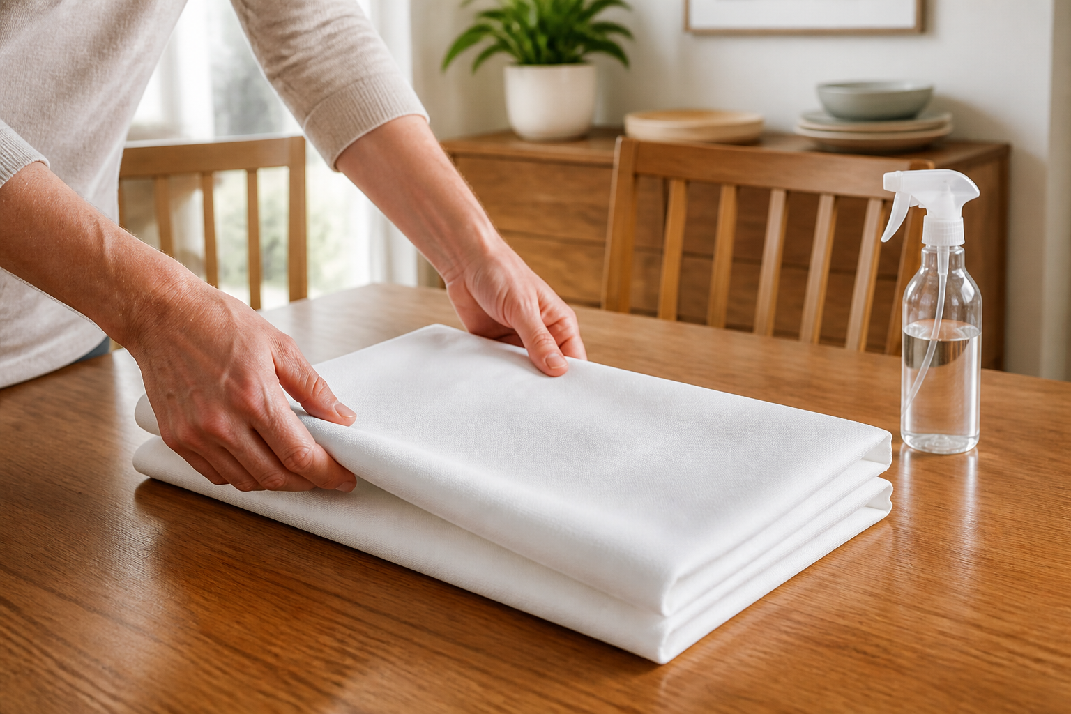 Hands folding a crisp white nylon tablecloth with a cleaner spray bottle nearby