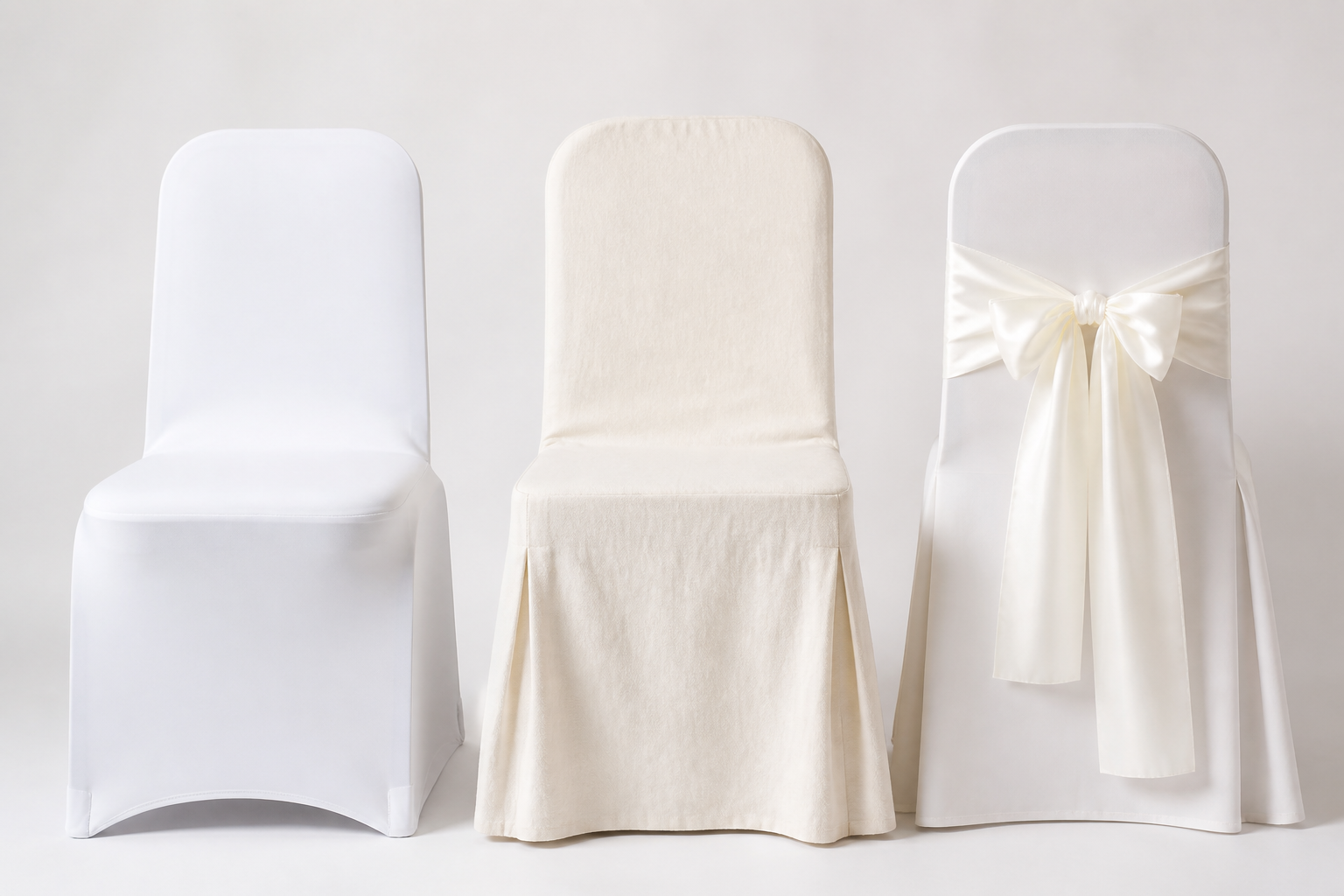 Three dining chairs with different chair cover styles: spandex, slipcover and sash