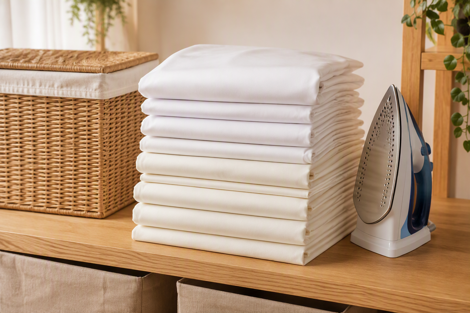 Folded stack of white and ivory chair covers with a laundry basket and iron