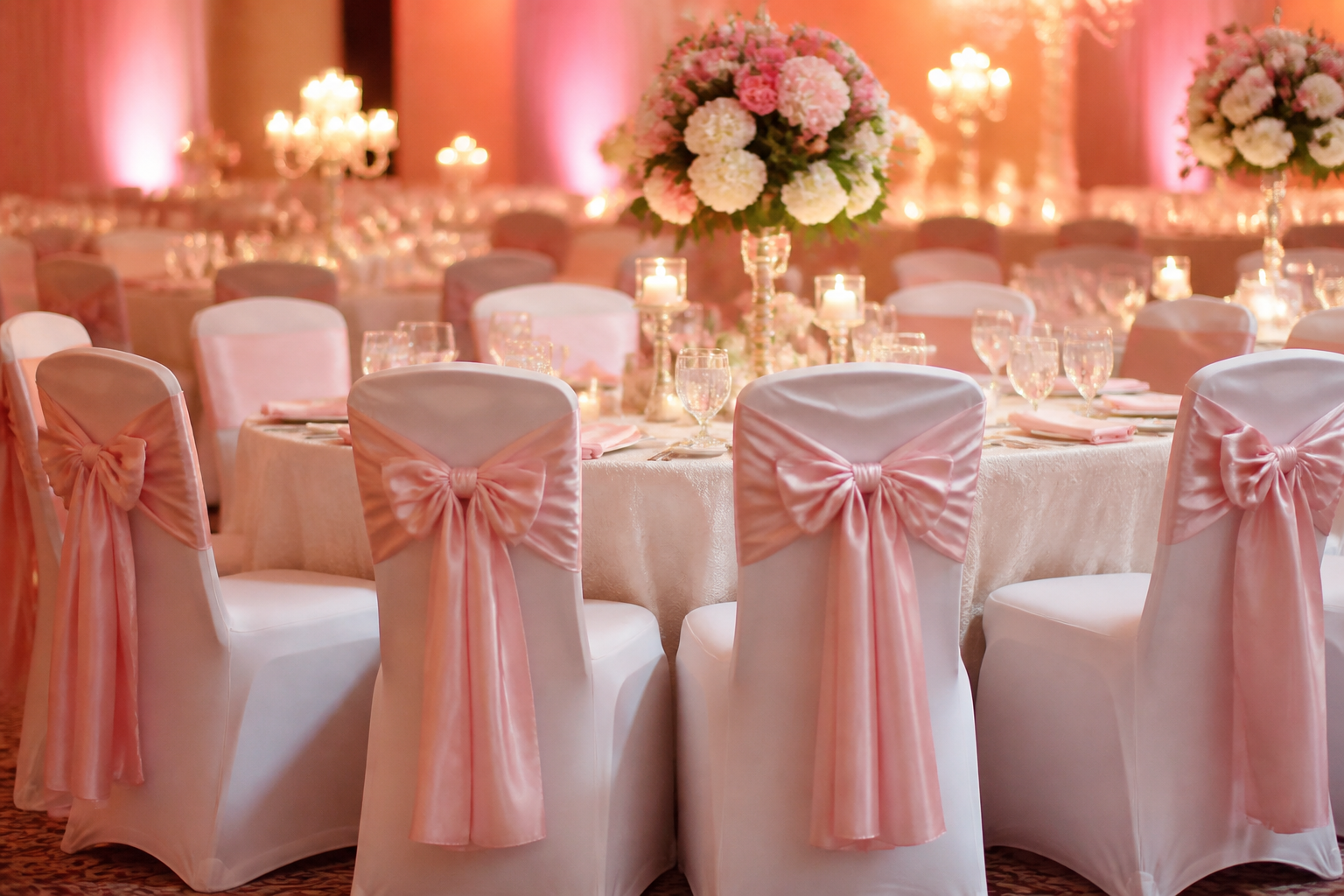 Wedding reception chairs with white covers and blush pink satin sashes and bows