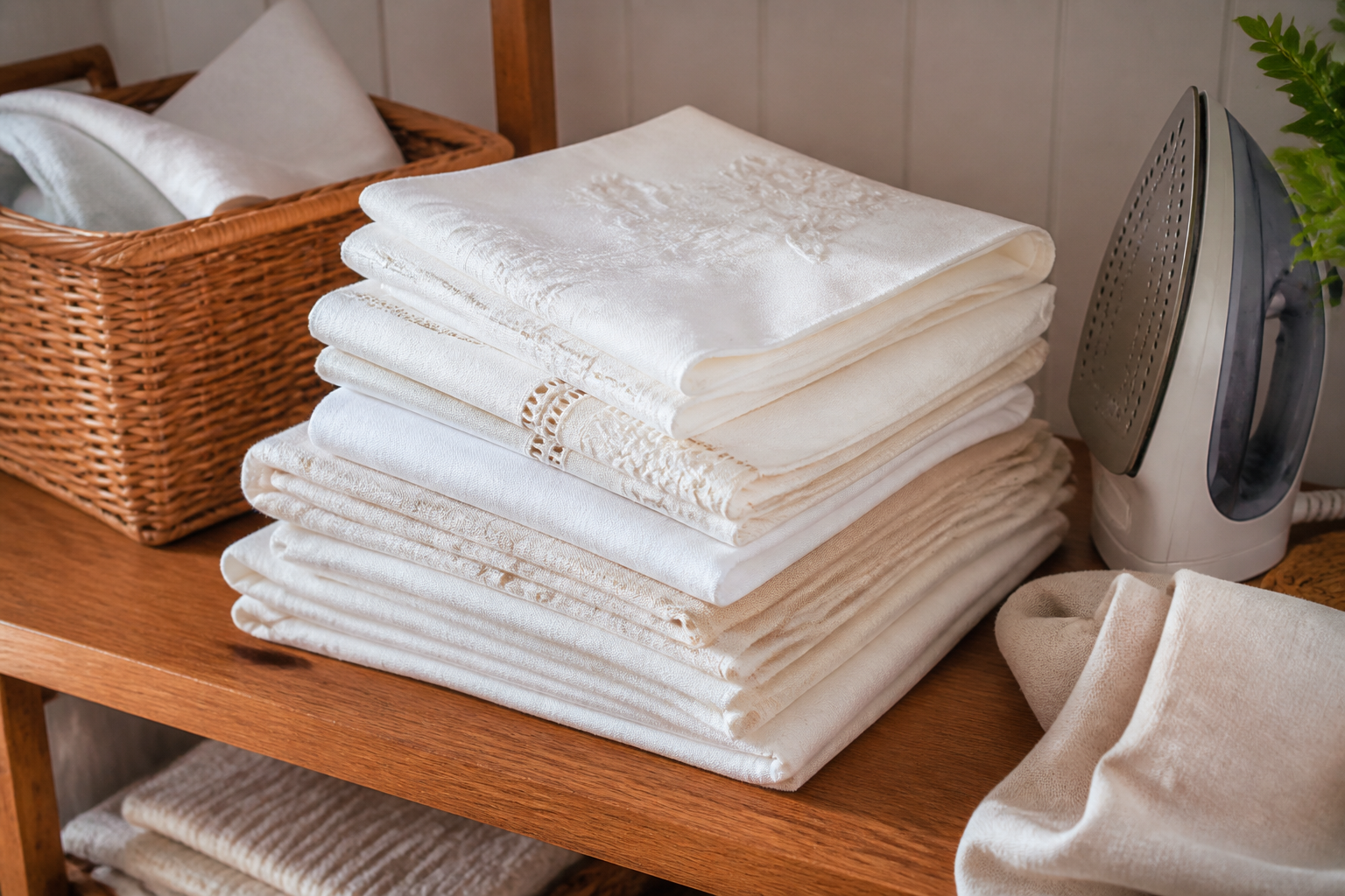 Folded stack of embroidered linen napkins with an iron and wicker basket