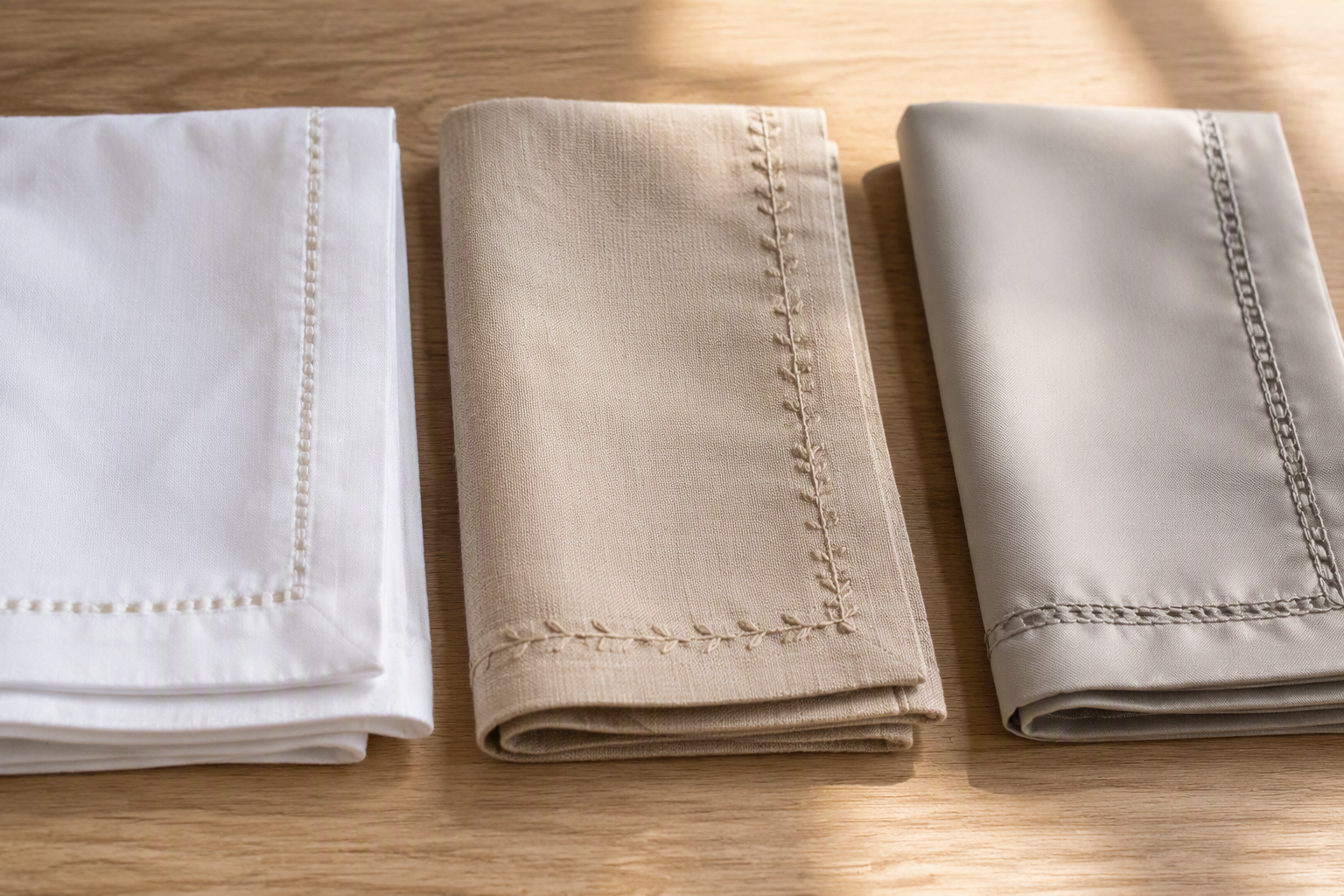 Napkin fabric swatches with embroidered edges: cotton, linen and polyester
