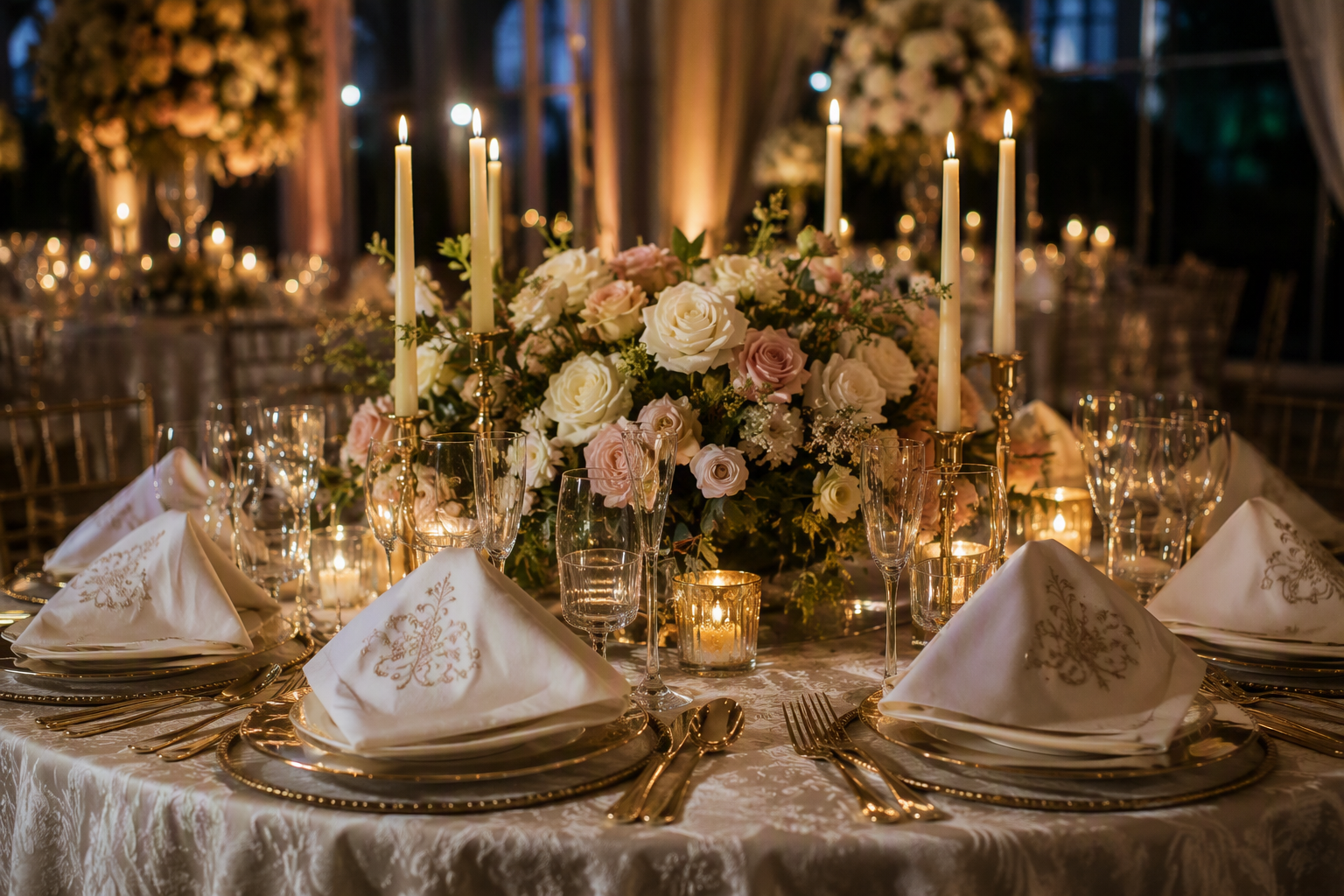 Formal wedding table with embroidered napkins at each place setting