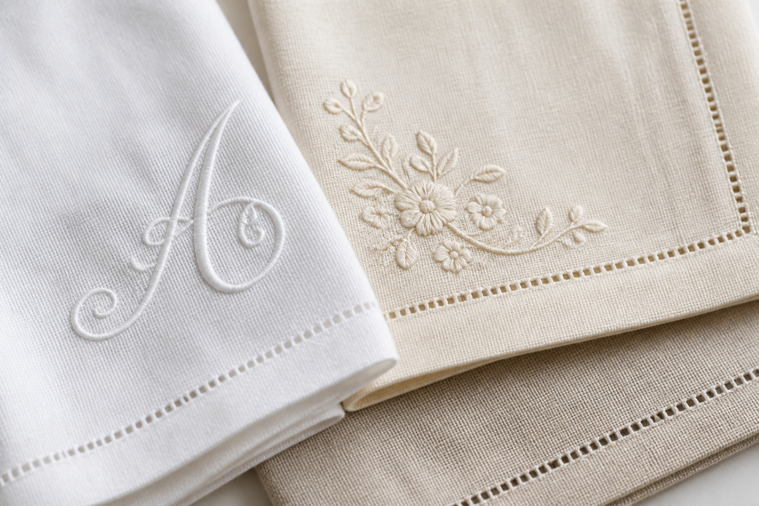 Close-up of embroidered napkins showing monogram, floral and hemstitch details