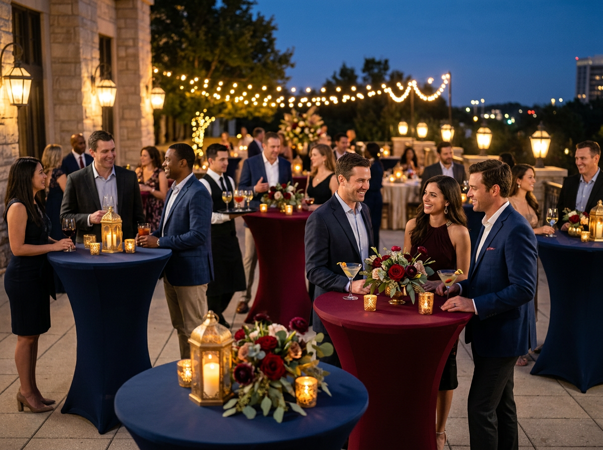 Cocktail party with high-top tables in navy and burgundy stretch covers with gold accents