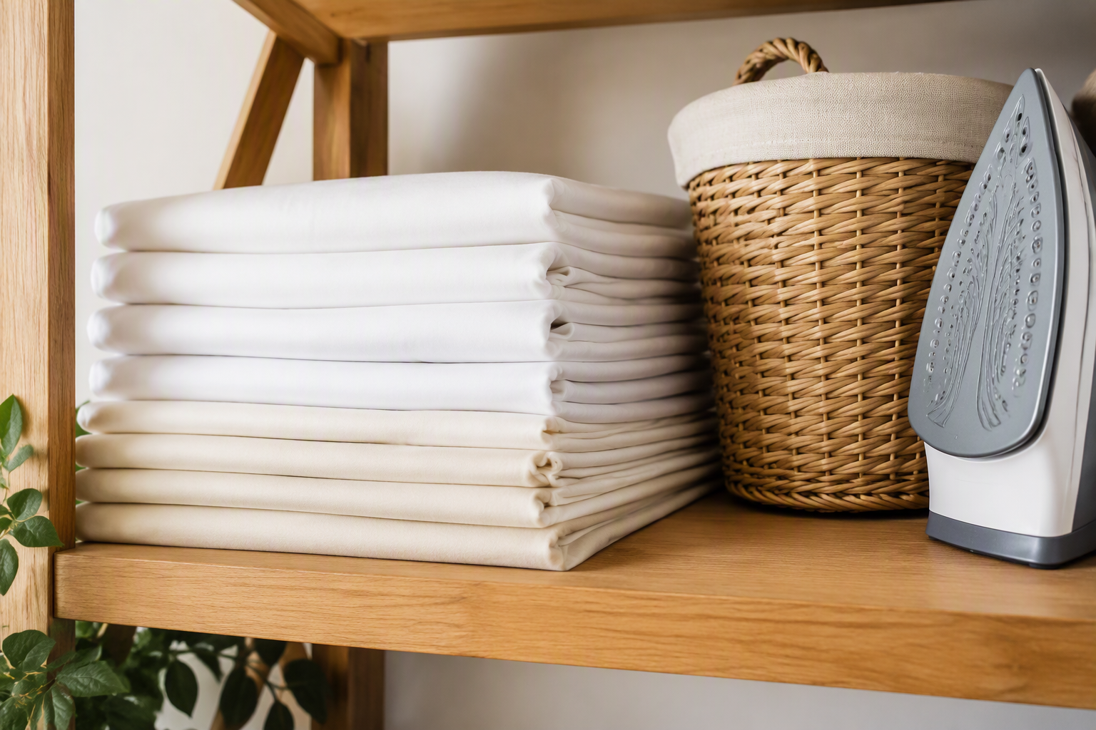 Folded stack of white stretch table covers with a laundry basket and iron