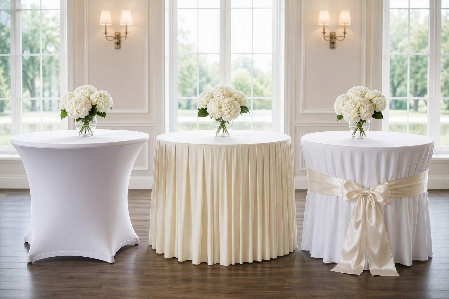 Three round tables with different stretch cover styles: smooth fitted, pleated and with sash