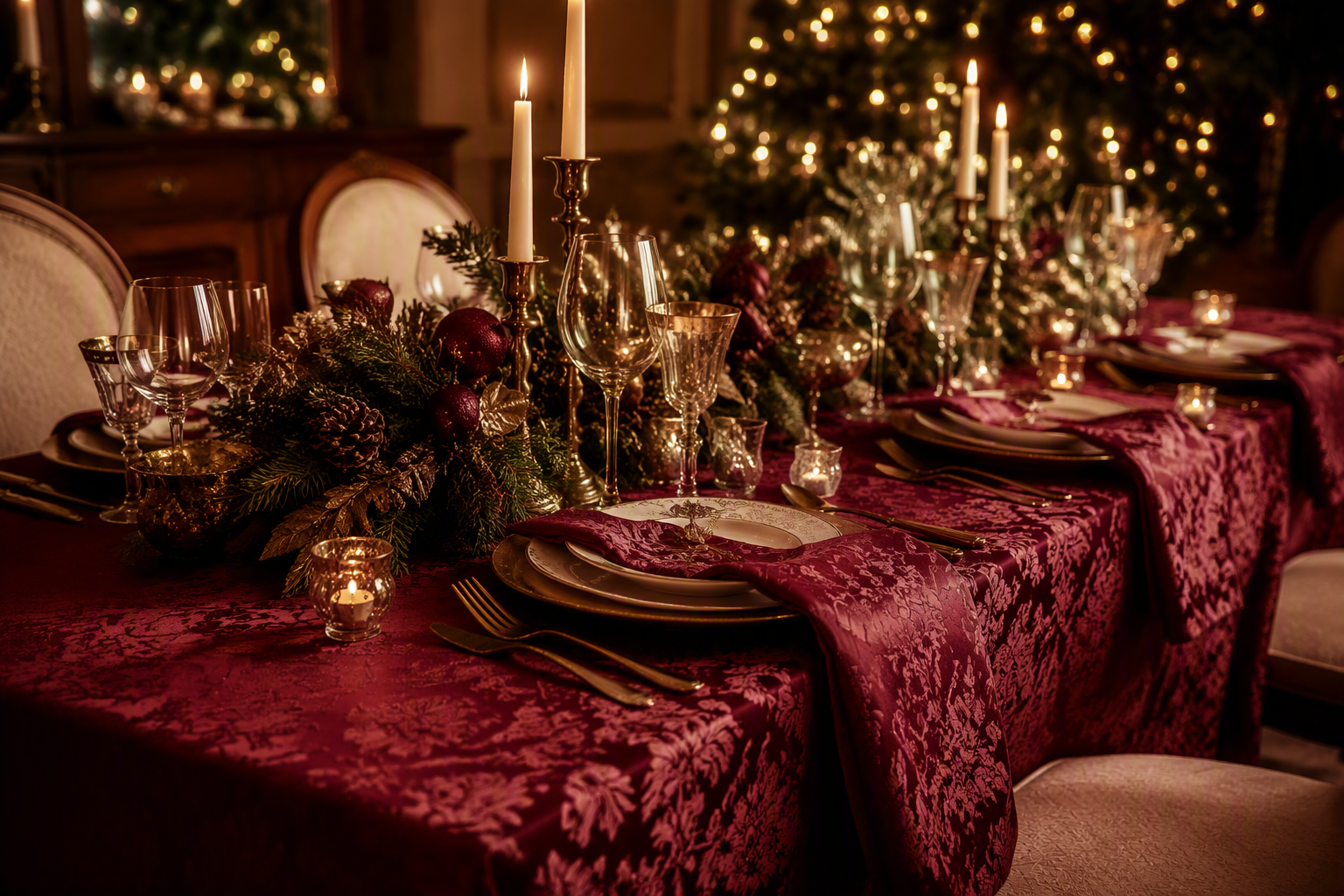 Holiday dinner table with a burgundy jacquard tablecloth, candles and festive decor