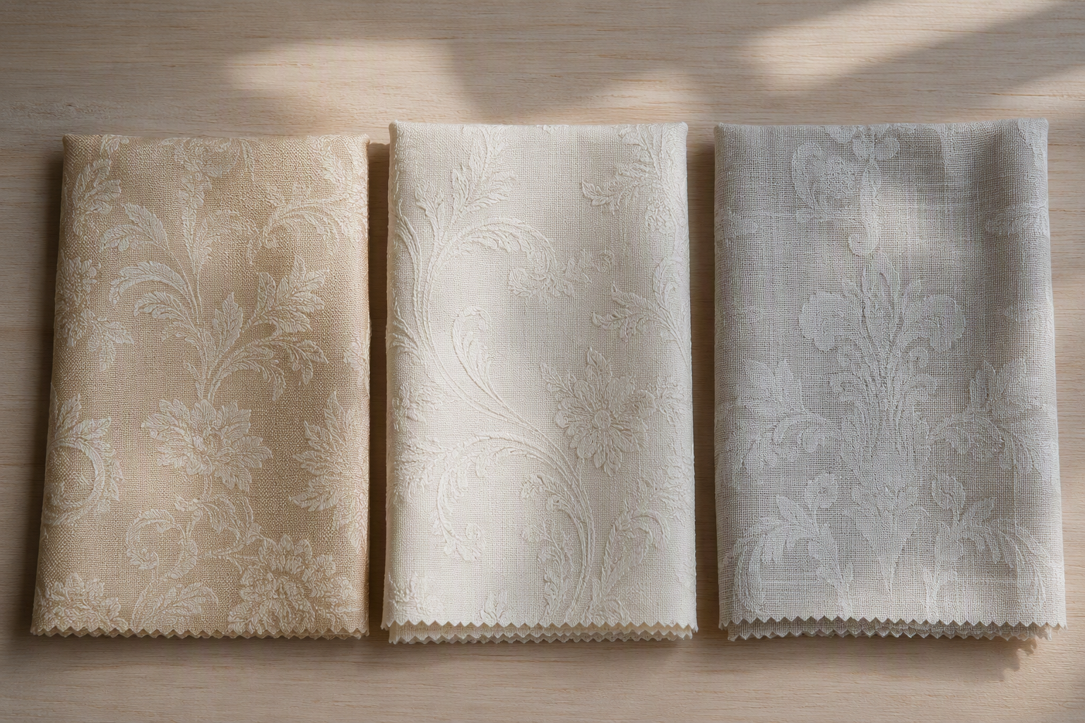 Jacquard fabric swatches in polyester, cotton and linen