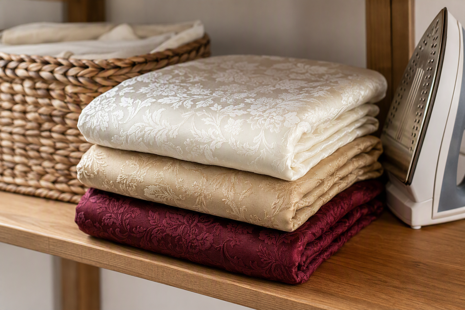 Folded stack of jacquard tablecloths in ivory, champagne and burgundy with an iron