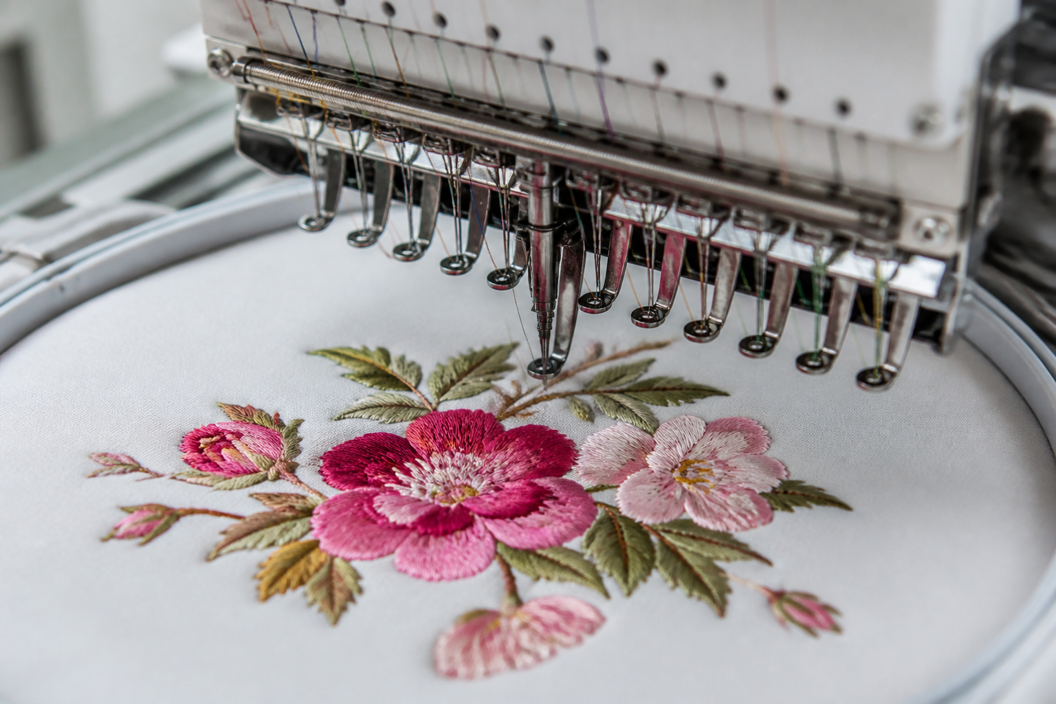 Embroidery machine stitching a floral design onto white fabric
