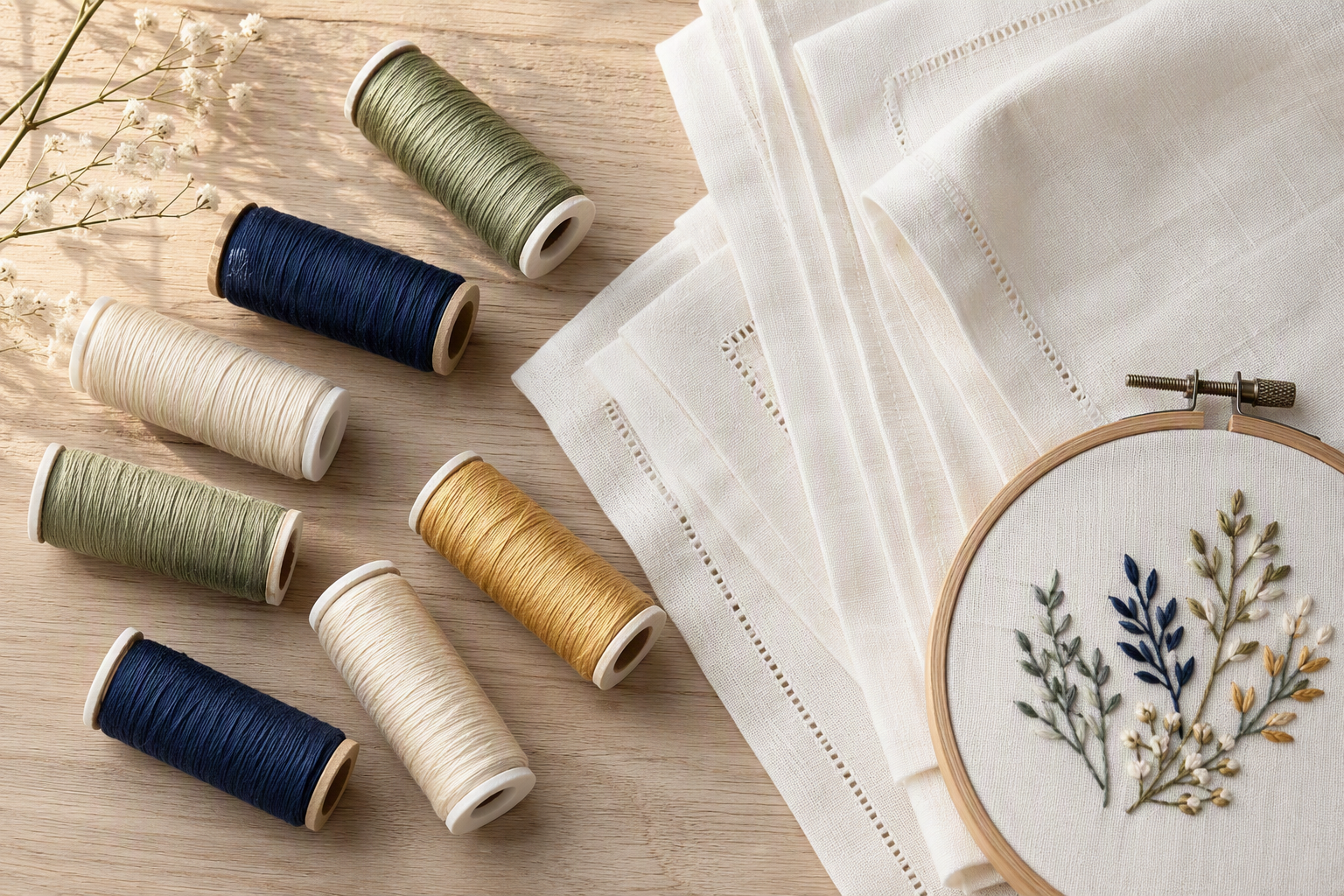Embroidery thread spools in cream, gold, sage and navy beside folded linen napkins
