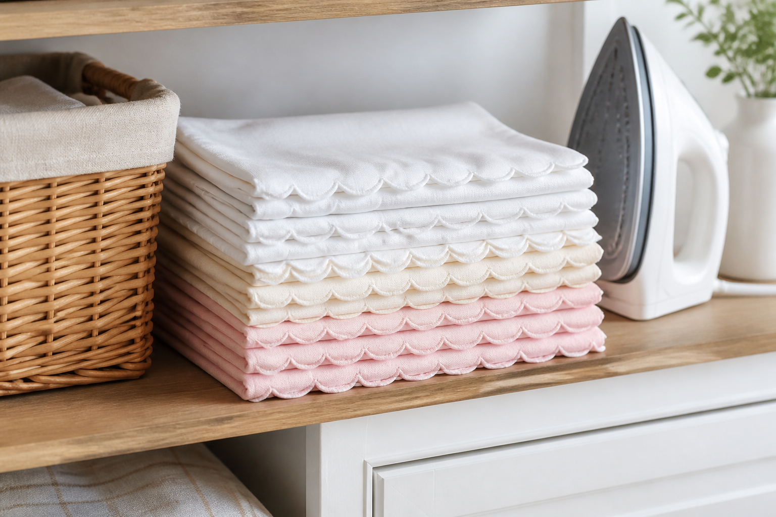 Folded stack of scalloped edge napkins in white, cream and blush with an iron