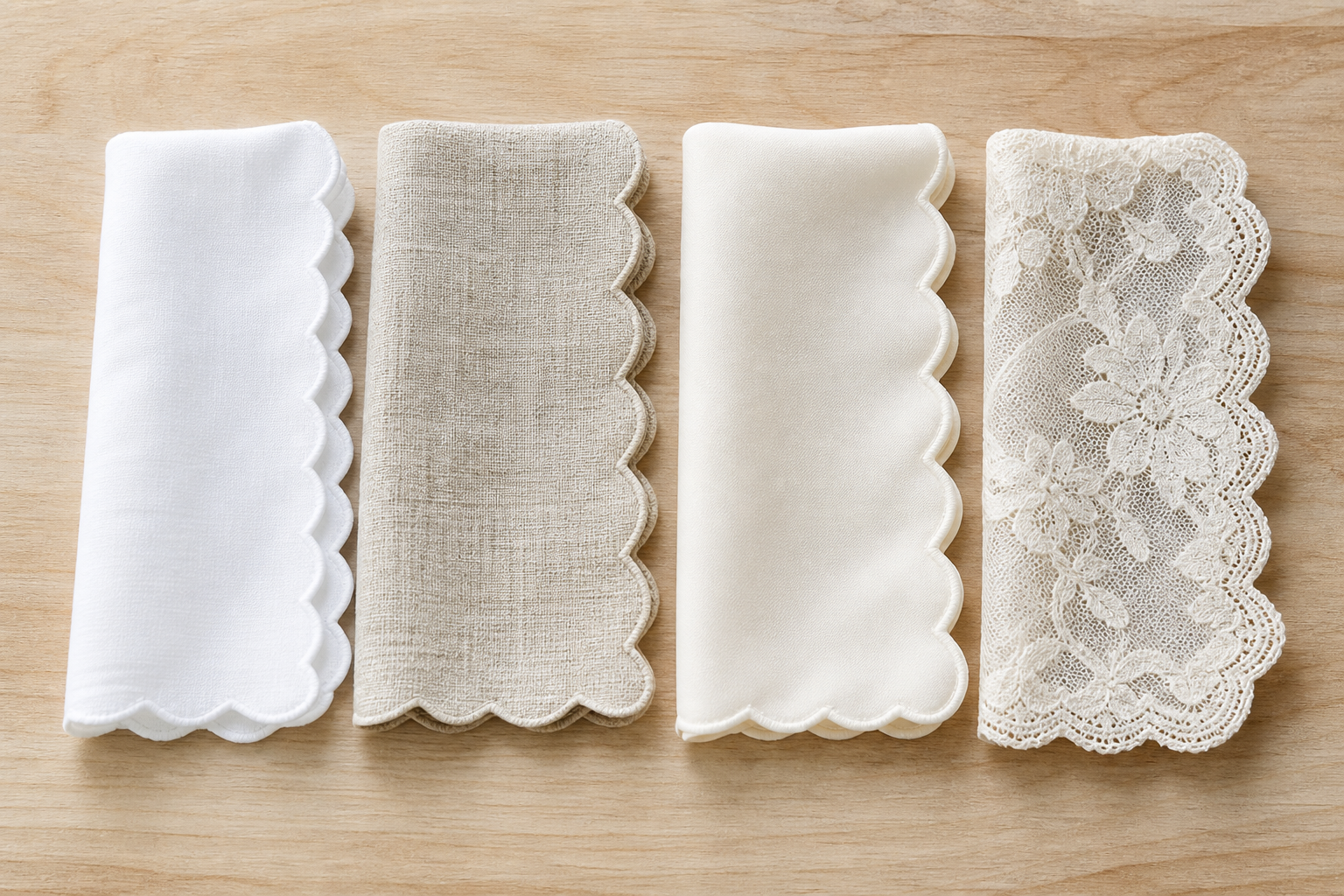 Scalloped edge napkin fabric swatches: cotton, linen, polyester and lace