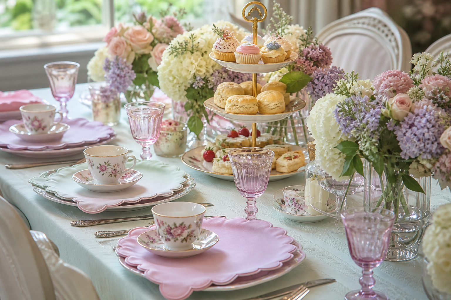 Tea party table with pastel scalloped edge napkins, floral teacups and a cake stand