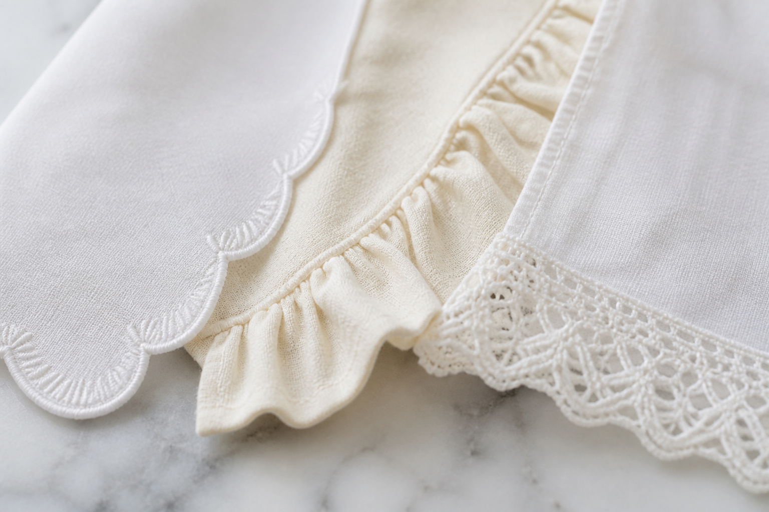 Close-up of napkins with scalloped shell edge, ruffle edge and lace-trimmed edge