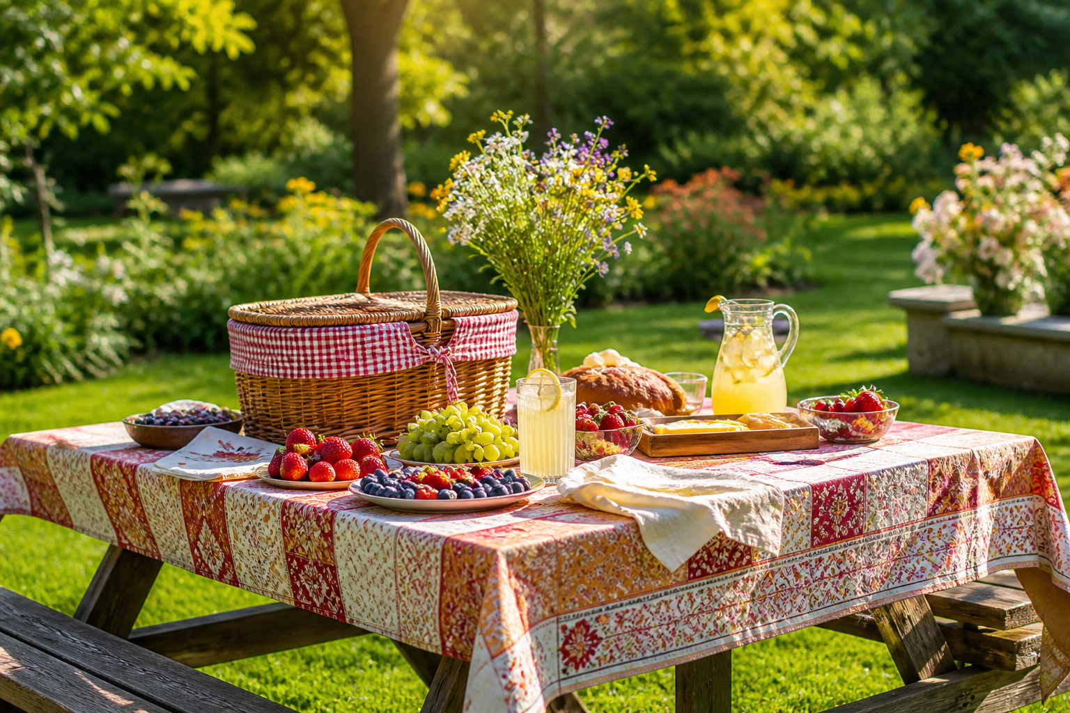 Picnic table with a checkered printed tablecloth, food baskets and flowers