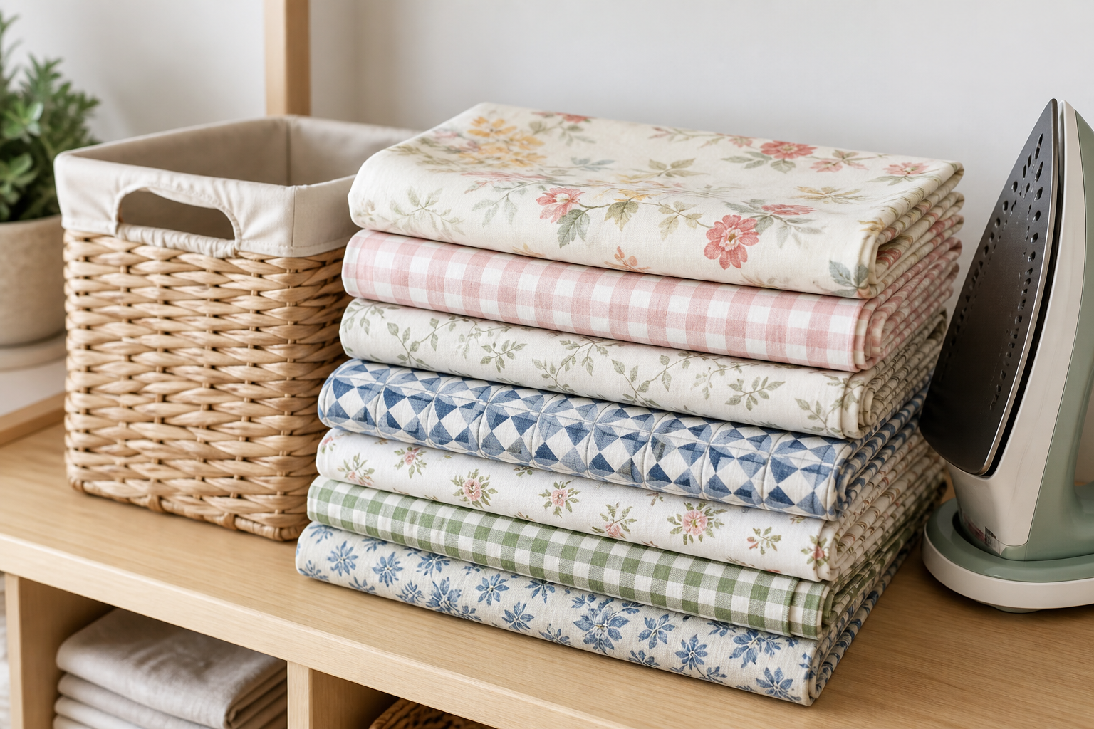 Folded stack of printed tablecloths in floral, gingham and geometric prints