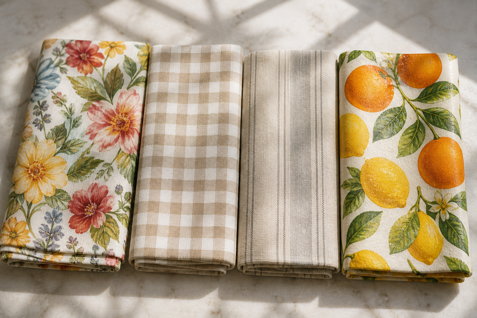 Printed tablecloth fabric swatches: polyester floral, cotton gingham, linen stripe and coated fruit print