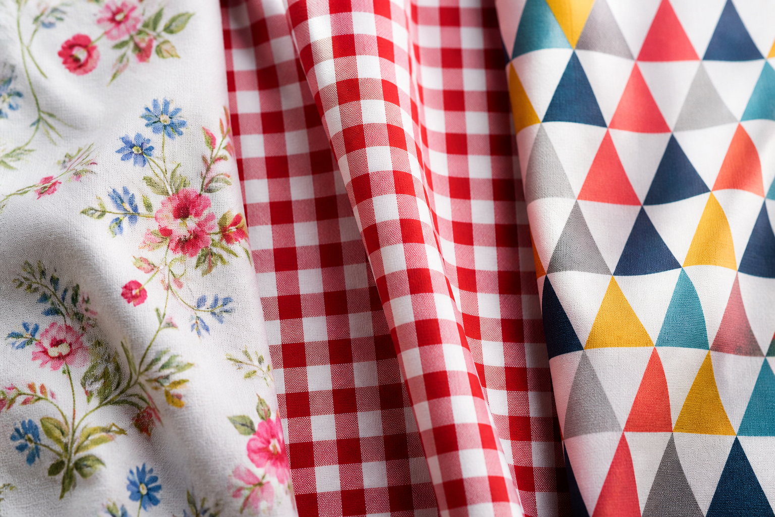 Printed tablecloth fabric close-ups: floral, gingham and geometric prints