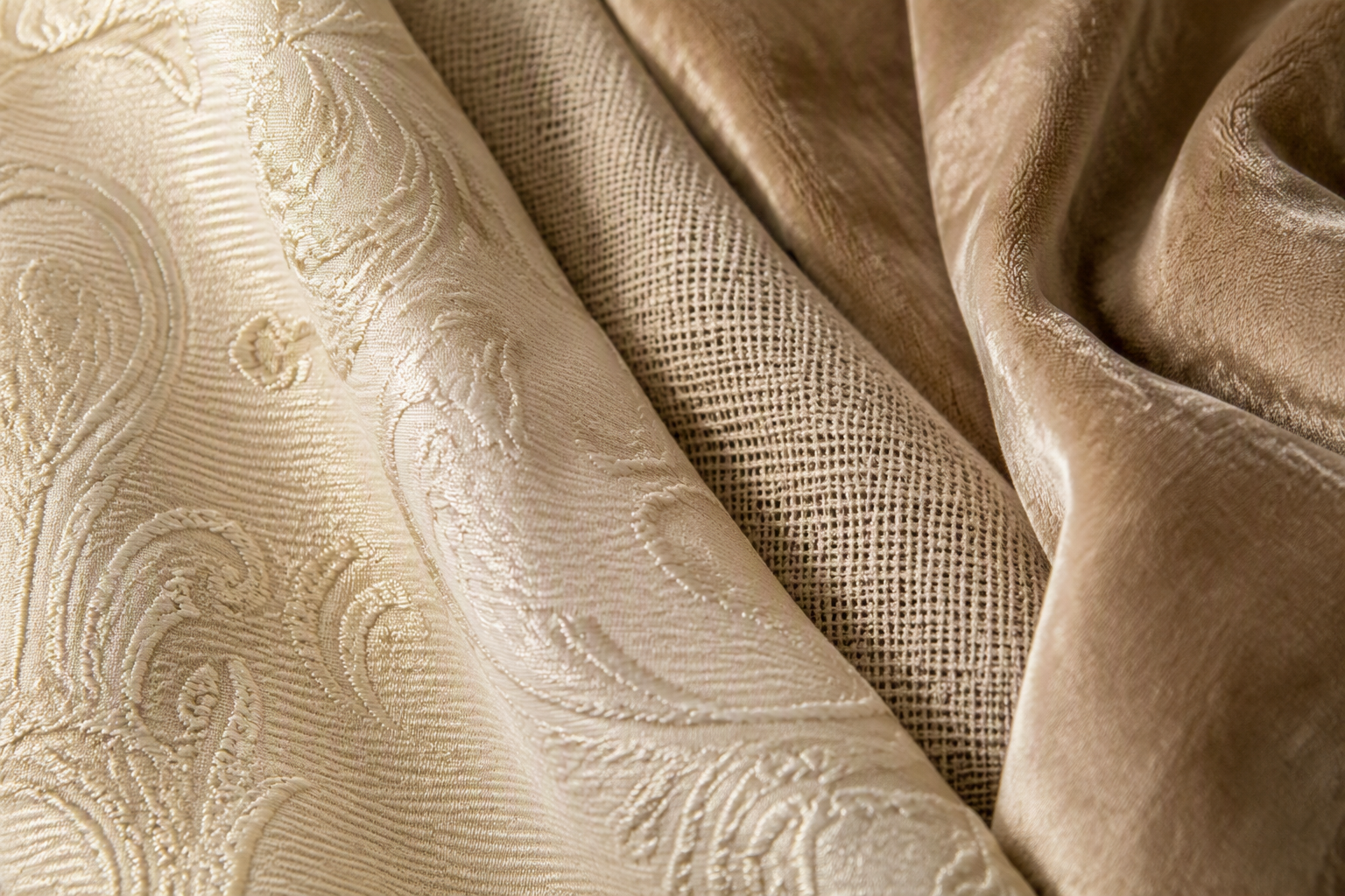 Ivory jacquard damask weave, velvet and linen premium table linen textures