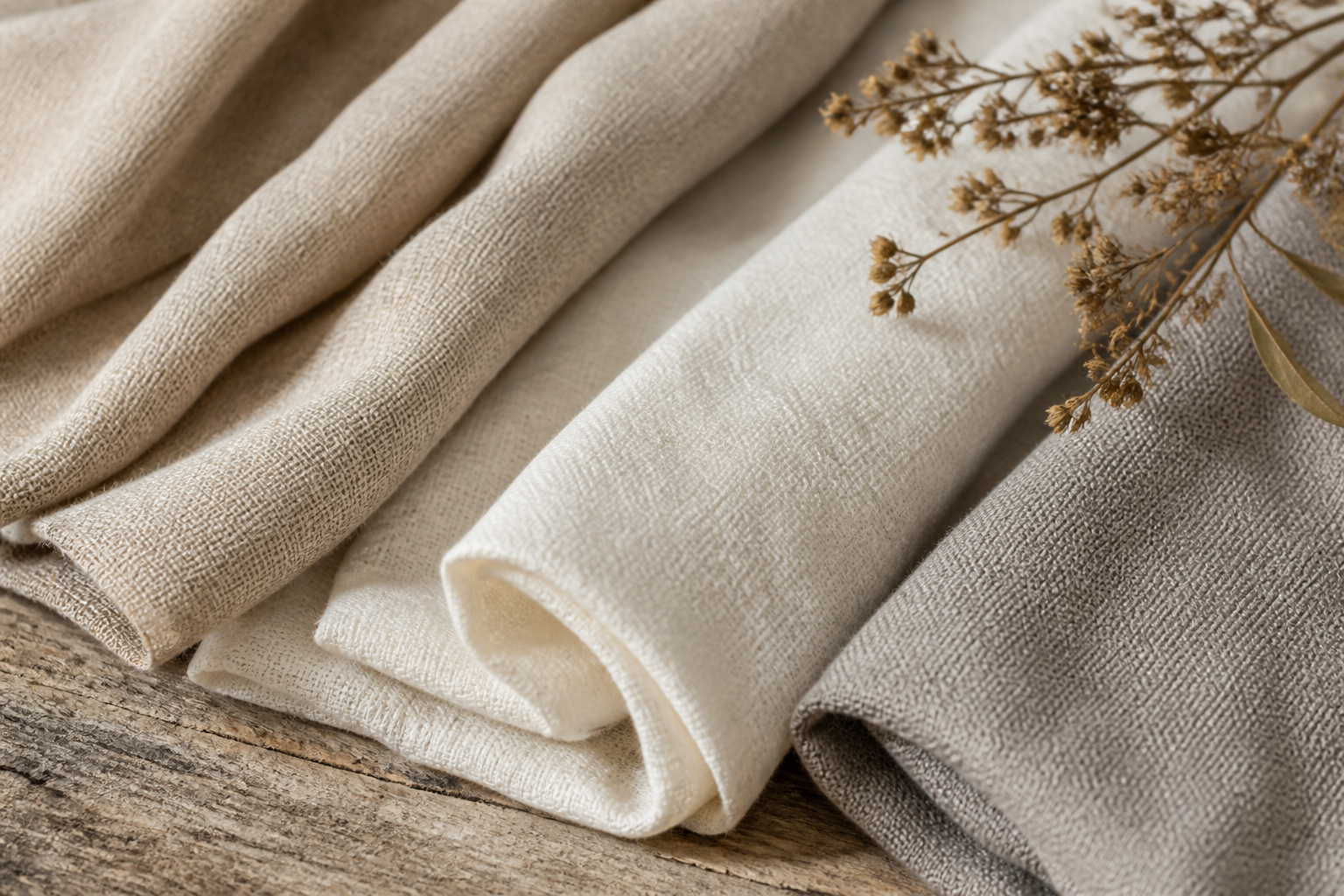 Natural undyed linen, organic cotton and recycled polyester table linen fabrics with dried botanicals