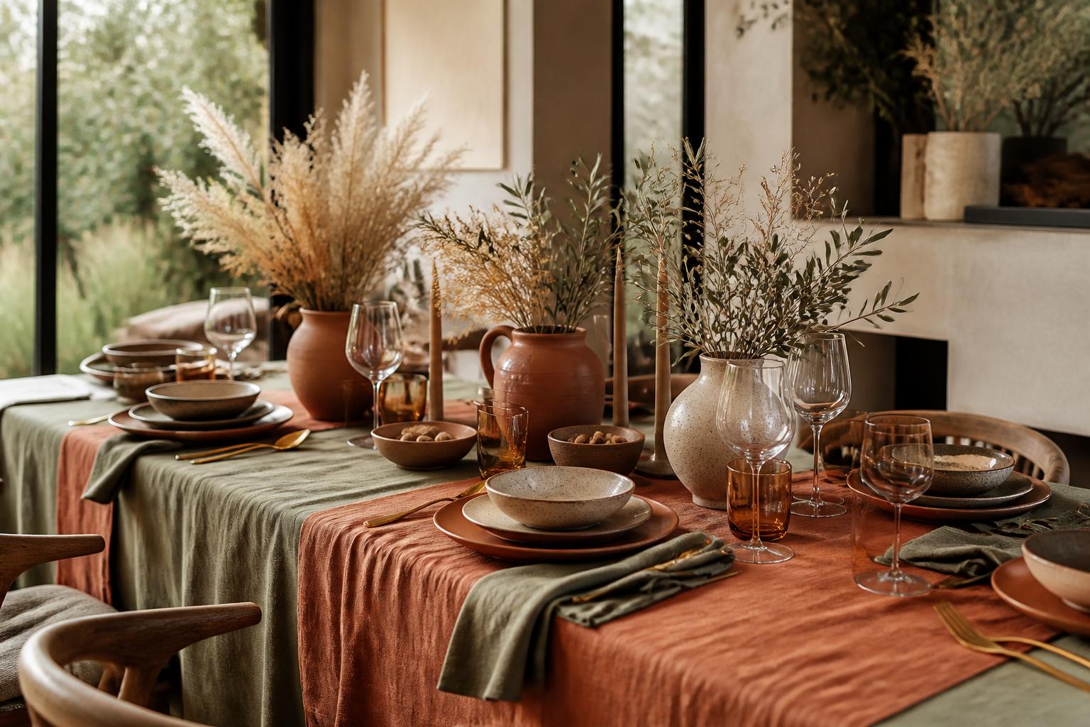 Dining table with terracotta and sage tablecloth, earthy ceramic plates and dried grass arrangement