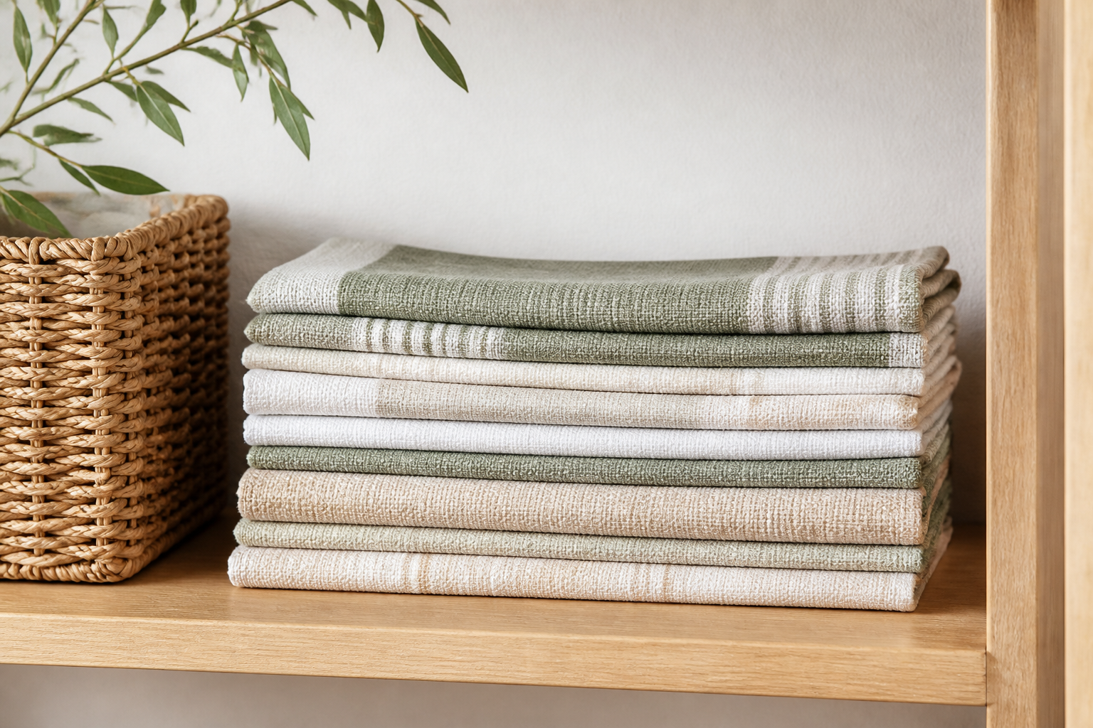Folded stack of fabric placemats in beige, sage and white on a shelf