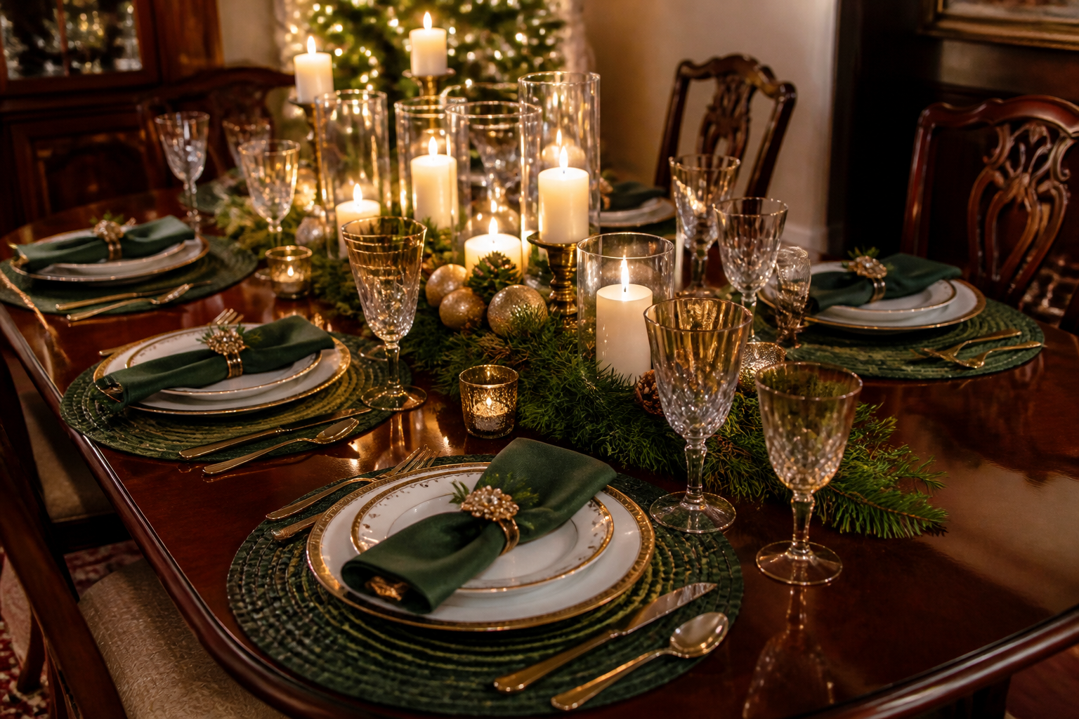Holiday dinner table with deep green woven placemats, gold-rimmed dinnerware and candles