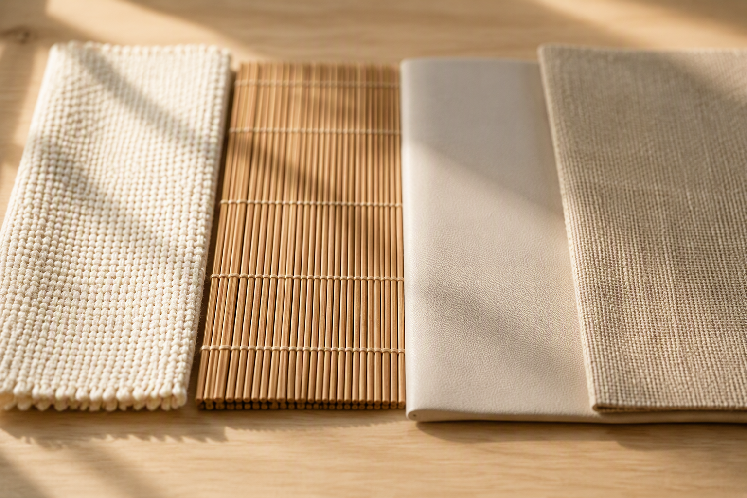Placemat material samples: woven cotton, bamboo slats, smooth vinyl and textured linen