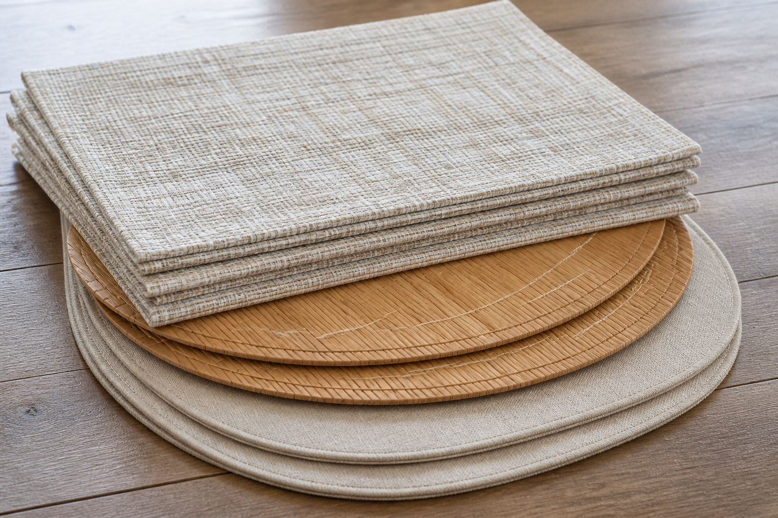 Stacked placemats in different shapes: rectangular cotton, round bamboo and oval linen