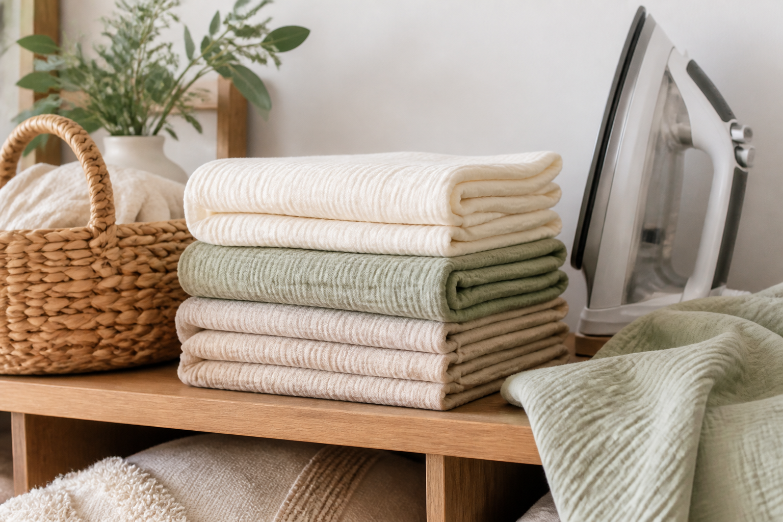 Folded stack of gauze table runners in cream, sage and beige on a shelf