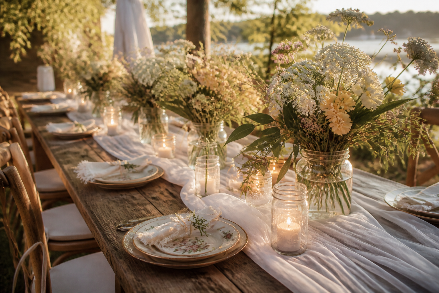 Rustic outdoor wedding table with a soft white gauze runner, wildflowers and candles