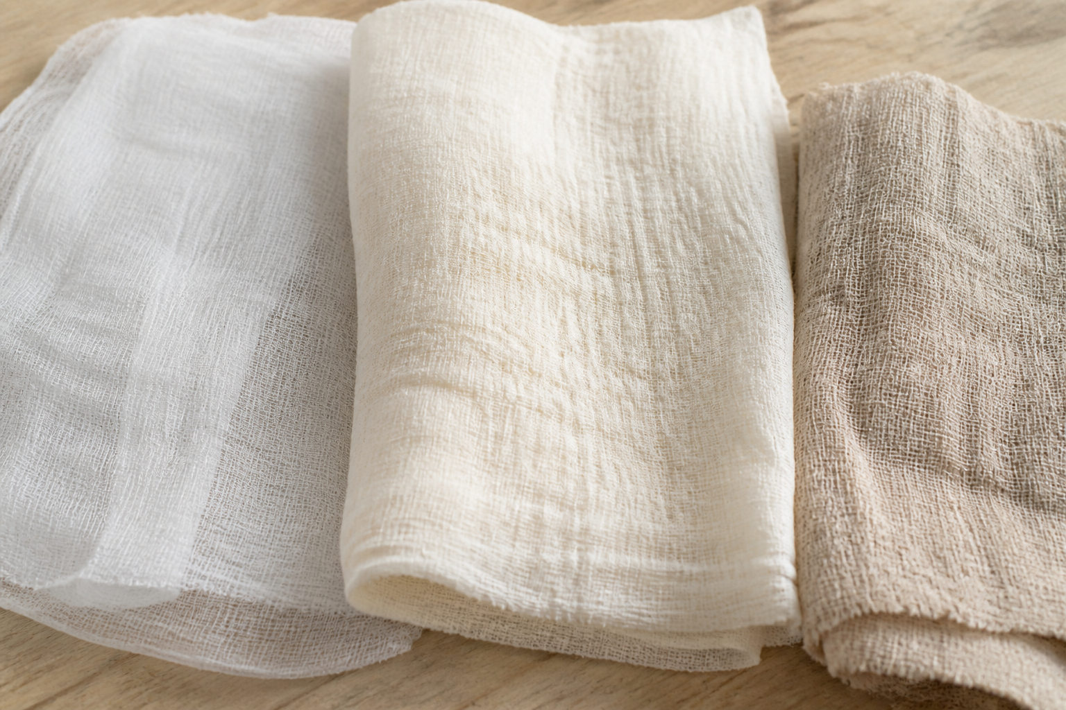 Gauze fabric swatches: single-layer cotton gauze, double-layer muslin and textured linen gauze
