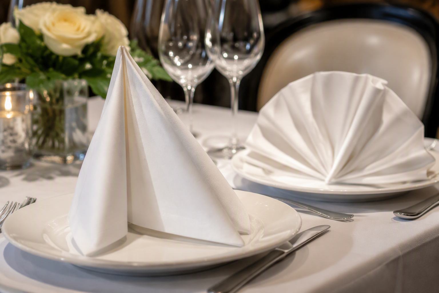 White napkins folded into a standing pyramid fold and a pleated fan fold
