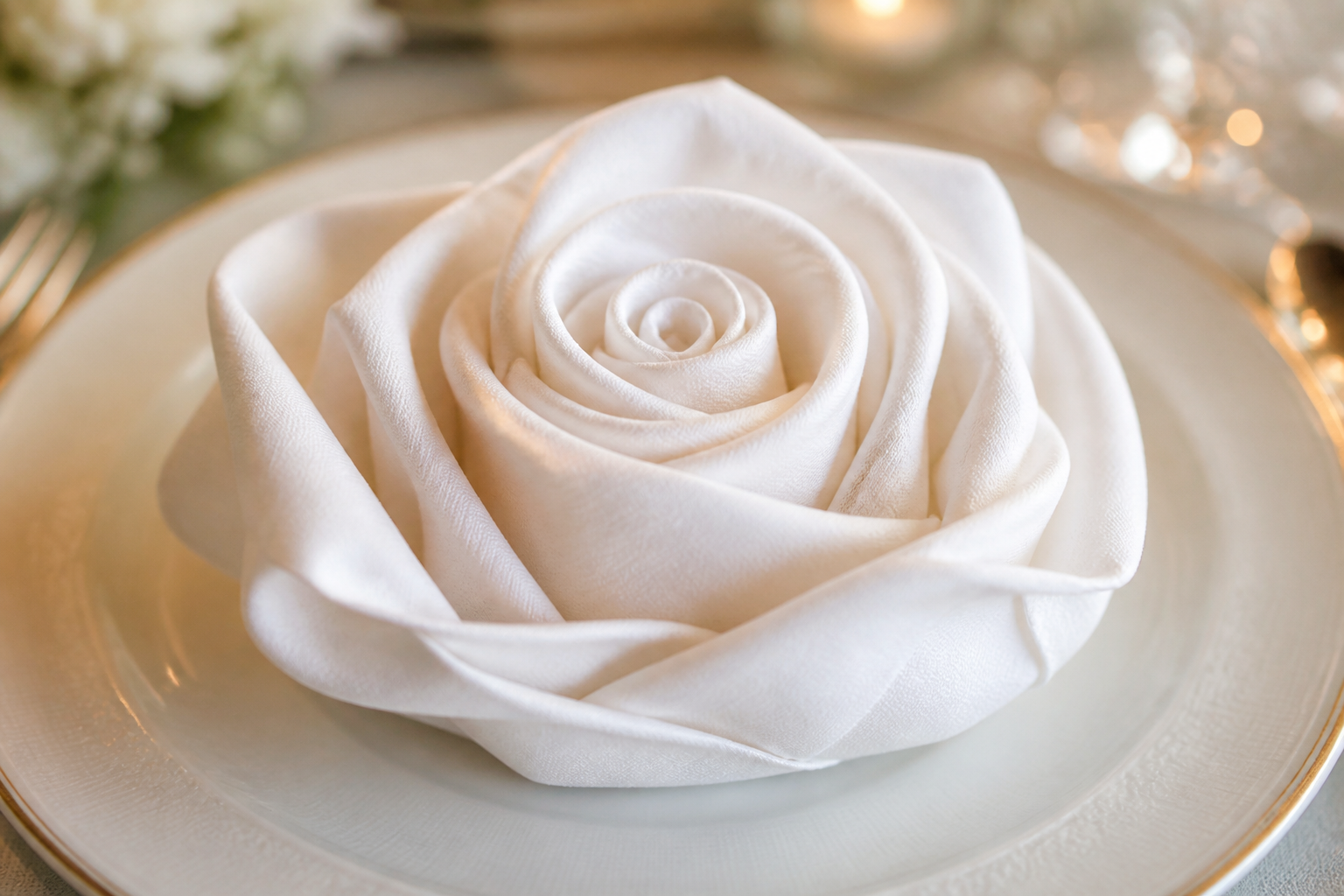 White cloth napkin folded into an elegant rose shape with layered petals