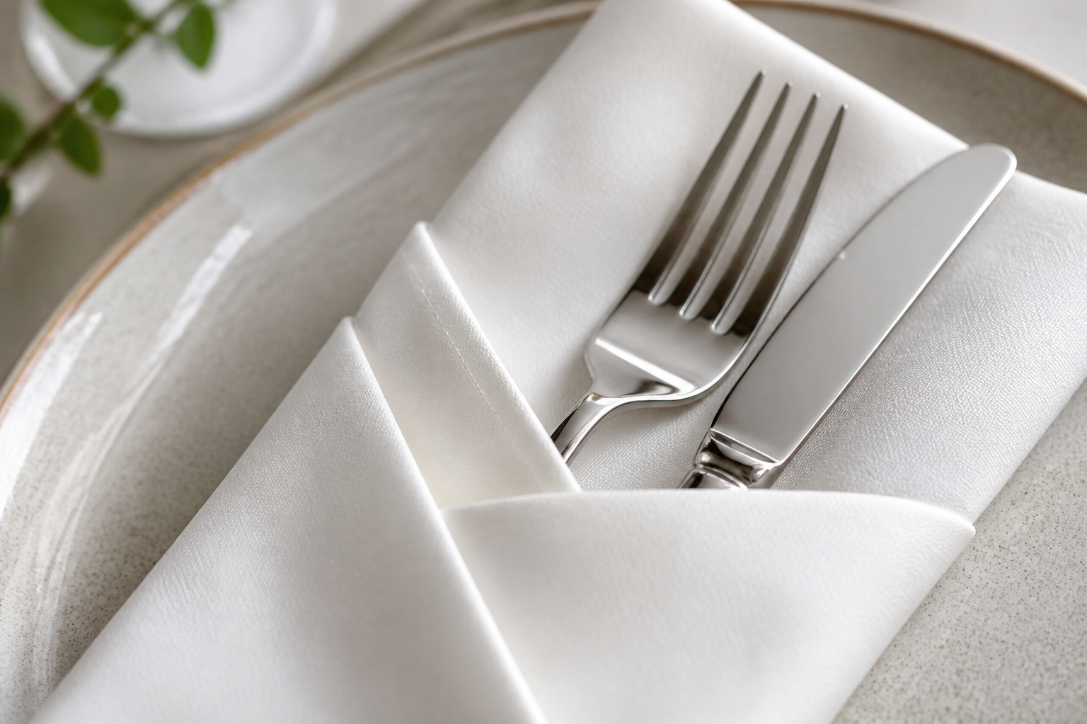 White cloth napkin folded into a pocket fold holding silver cutlery